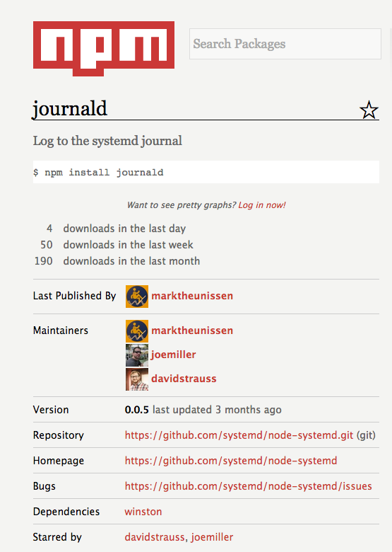 Screenshot of npm journald