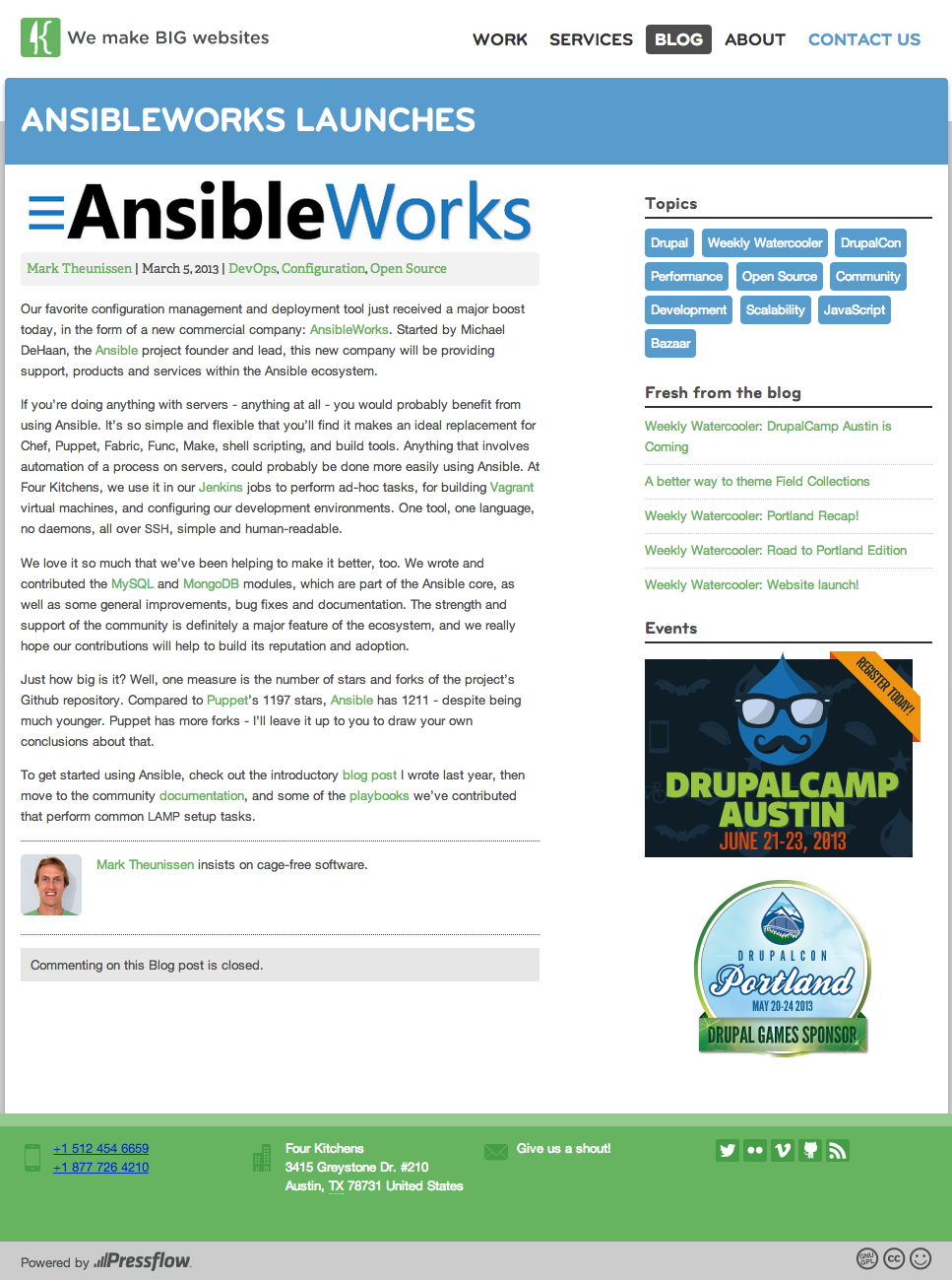 Screenshot of blog post AnsibleWorks launches