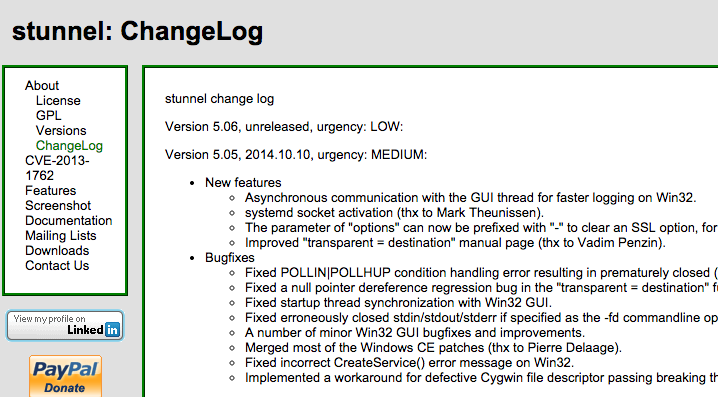 Screenshot of stunnel changelog