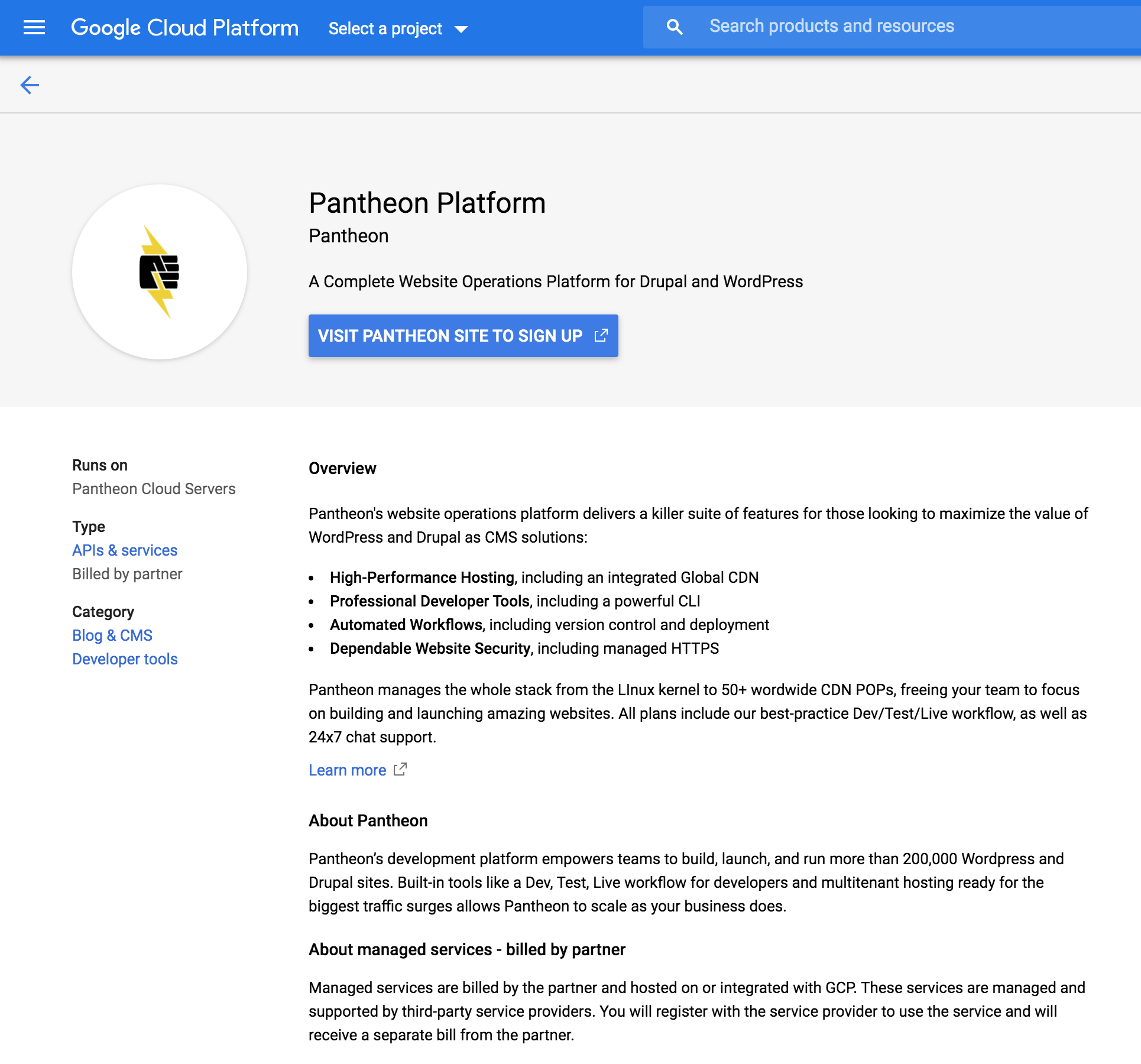Screenshot of Google Cloud Pantheon Customer